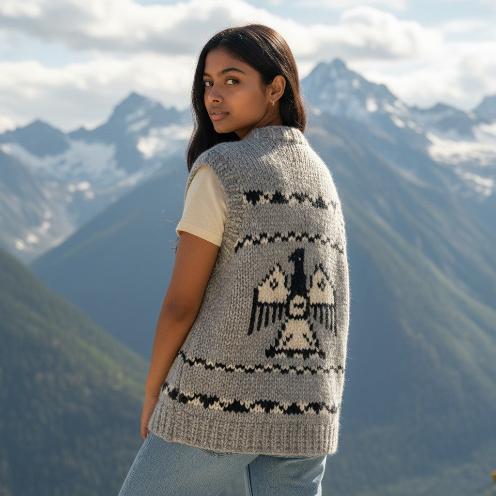 Handmade Cowichan Wool Sweater Vest With Eagle Pattern - Vintage - Womens Small