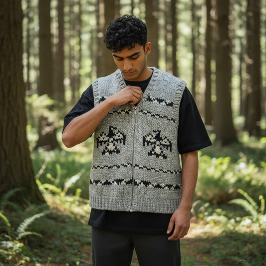Handmade Cowichan Wool Vest with Eagles - Vintage - Men’s XL