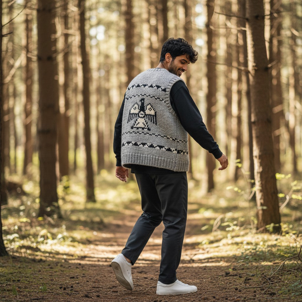 Handmade Cowichan Wool Vest with Eagles - Vintage - Men’s XL